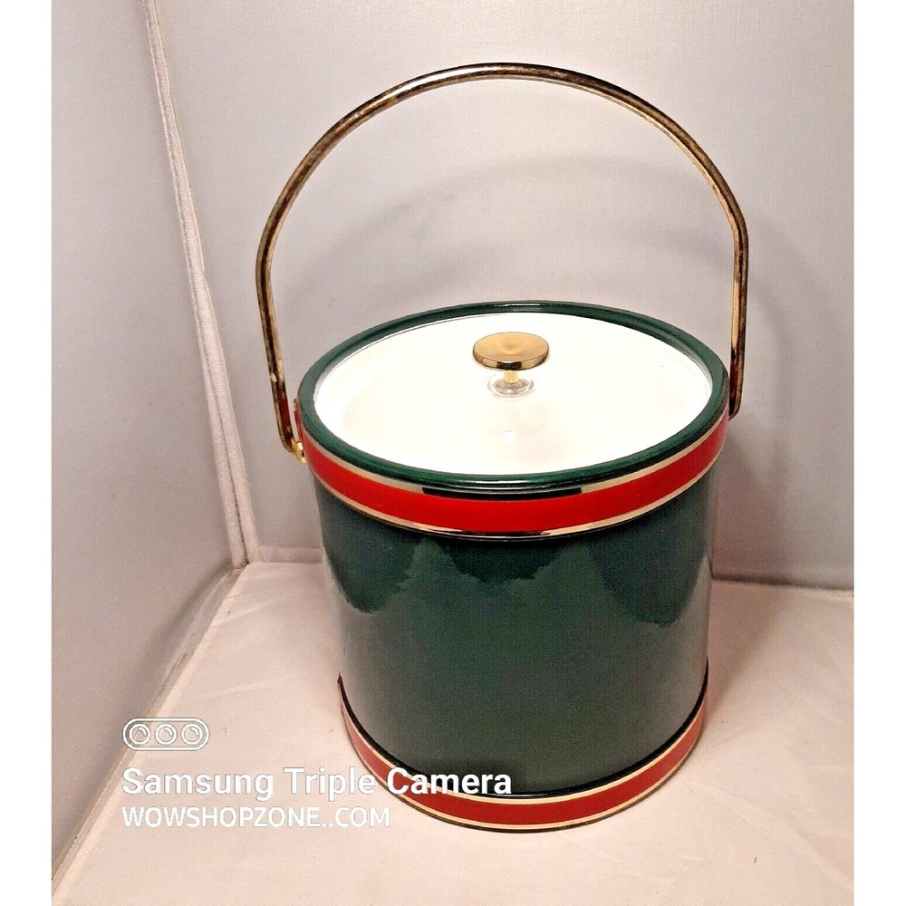 Vintage MCM Kraftware IceBucket Red Green Gold Handle Retro Boho Rockabilly RARE